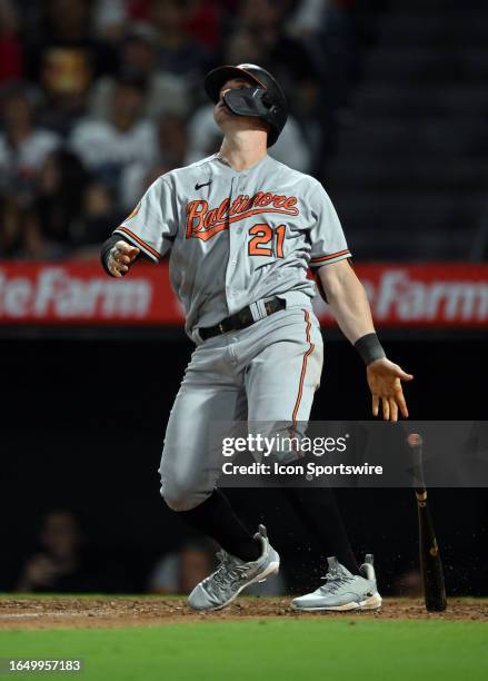 Baltimore Orioles left fielder Austin Hays hits a sacrifice fly driving in a run in the sixth inning of an MLB baseball game against the Los Angeles...