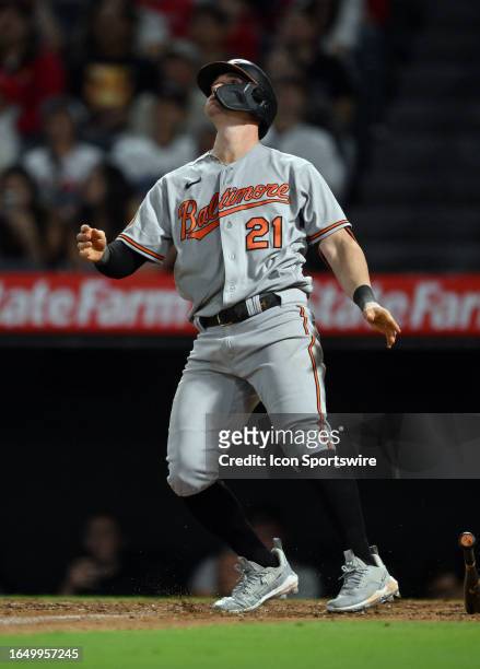 Baltimore Orioles left fielder Austin Hays hits a sacrifice fly driving in a run in the sixth inning of an MLB baseball game against the Los Angeles...