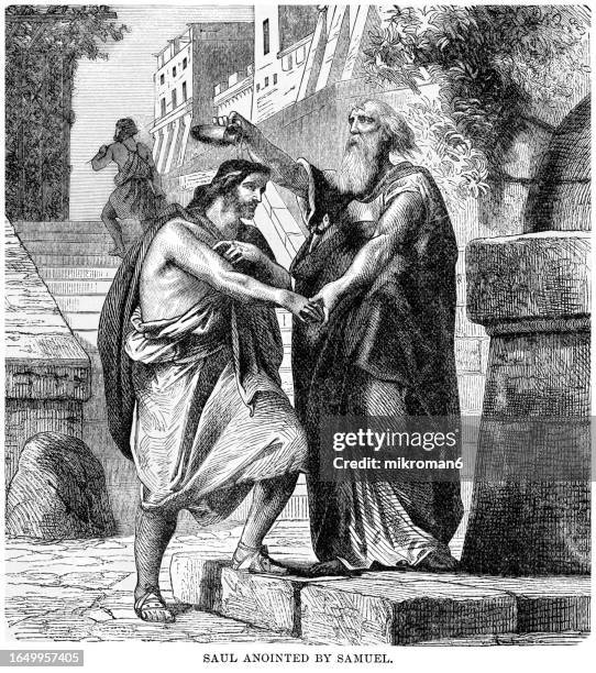 old engraved illustration of saul anointed by samuel - king saul stock pictures, royalty-free photos & images