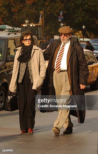 Actor Donald Sutherland walks with his wife, actress Francine Racette, along Fifth Avenue November 15, 2002 in New York City.