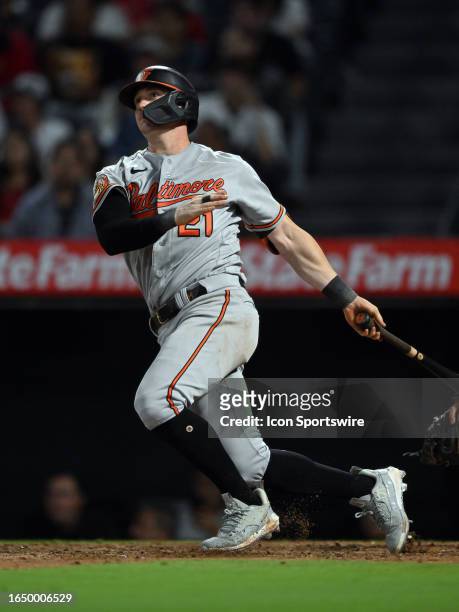 Baltimore Orioles left fielder Austin Hays hits a solo home run in the eighth inning of an MLB baseball game against the Los Angeles Angels played on...