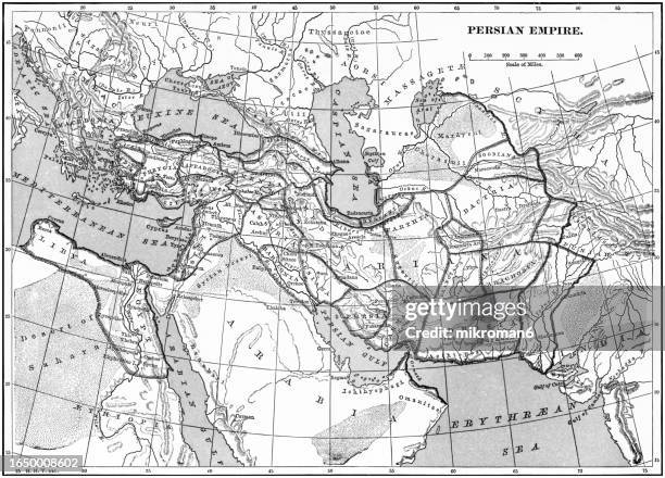 old chromolithograph map of persian empire - persian empire map stock pictures, royalty-free photos & images