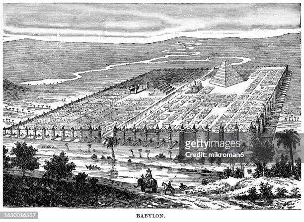 old engraved illustration of babylon, the name of an ancient city located on the lower euphrates river in southern mesopotamia - persepolis stock pictures, royalty-free photos & images