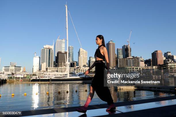 Model walks the runway during the Zambesi show during New Zealand Fashion Week 23: Kahuria at Wynyard Quarter on August 31, 2023 in Auckland, New...
