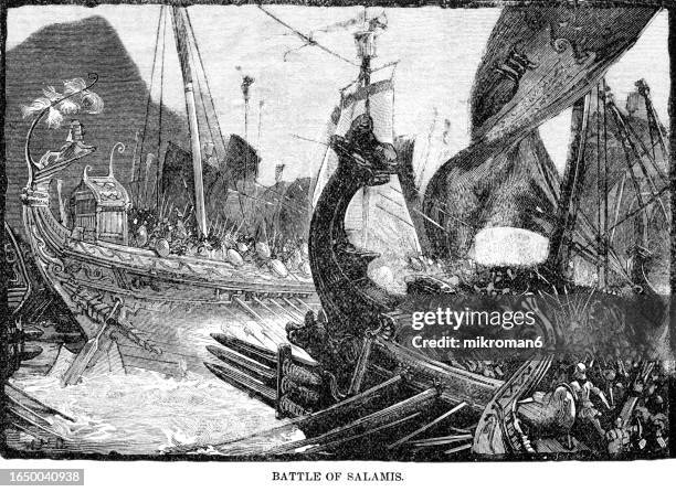 old engraved illustration of the battle of salamis - naval battle fought between an alliance of greek city-states under themistocles and the persian empire under king xerxes in 480 bc. - army navy stock pictures, royalty-free photos & images