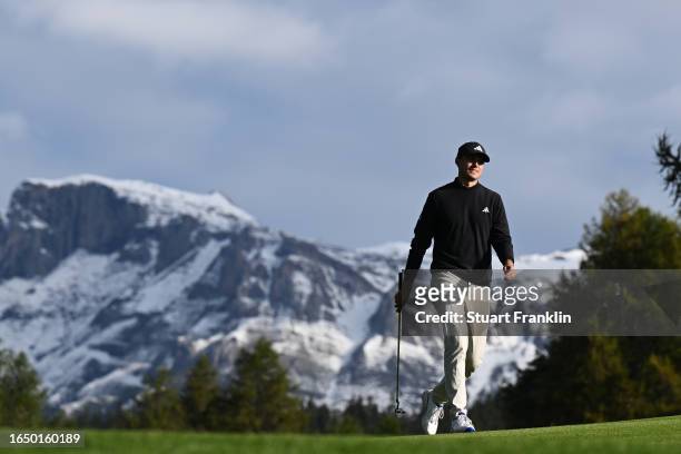Ludvig Aberg of Sweden reacts on the 12th hole during Day One of the Omega European Masters at Crans-sur-Sierre Golf Club on August 31, 2023 in...
