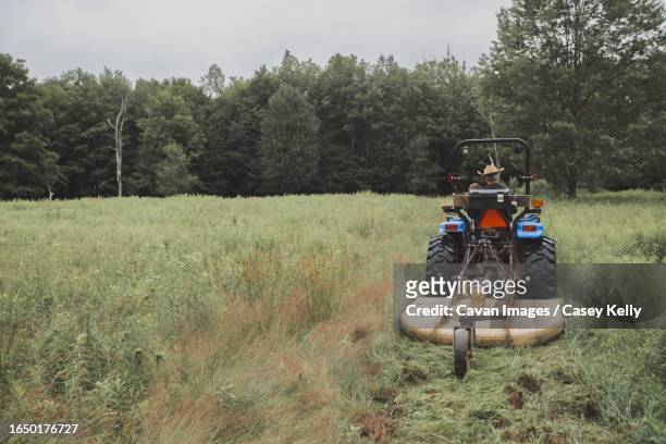 blue tractor in green field overcast day - sullivan county pennsylvania - fotografias e filmes do acervo