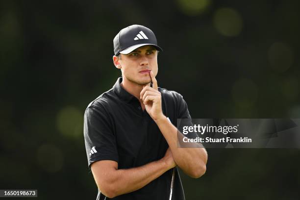 Ludvig Aberg of Sweden looks on from the 17th hole during Day One of the Omega European Masters at Crans-sur-Sierre Golf Club on August 31, 2023 in...