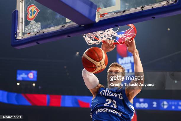 Lauri Markkanen of Finland dunks the ball during the FIBA Basketball World Cup Classification 17-32 Group O game between Cape Verde and Finland at...