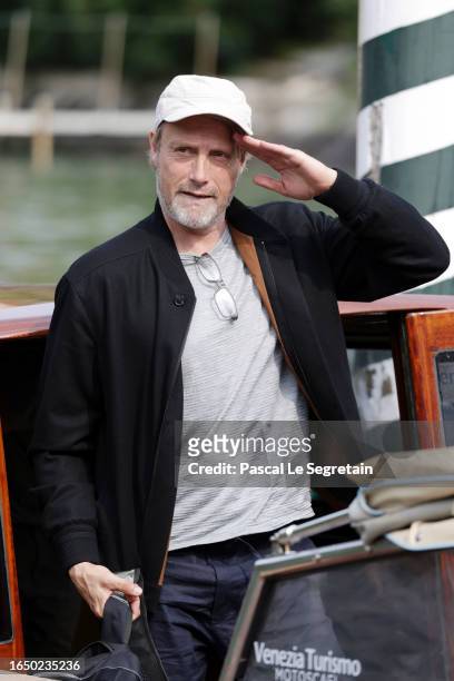 Mads Mikkelsen arrives at the Hotel Excelsior pier for the 80th Venice International Film Festival 2023 on August 31, 2023 in Venice, Italy.
