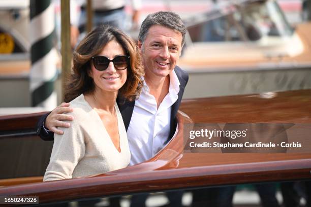 Agnese Landini and Matteo Renzi arrive at the Hotel Excelsior pier for the 80th Venice International Film Festival 2023 on August 31, 2023 in Venice,...