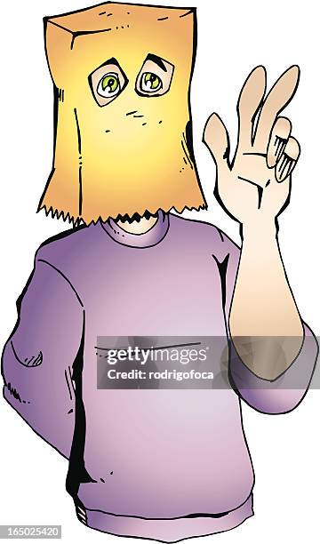 shy man with bag on the head vector - head covering stock illustrations
