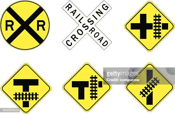 six railway crossing road signs on yellow and black - level crossing stock illustrations
