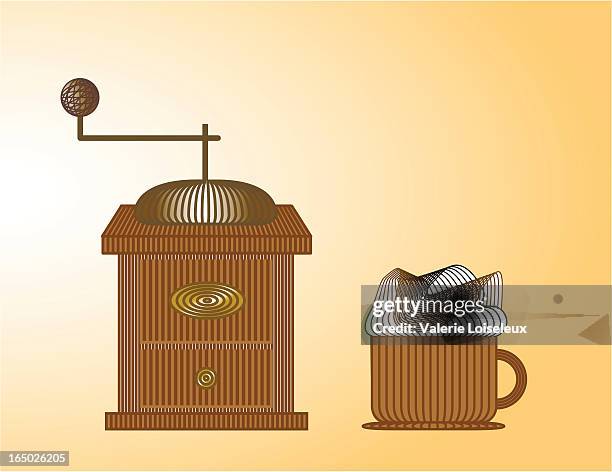 cappucino and old coffee grinder - grinding stock illustrations