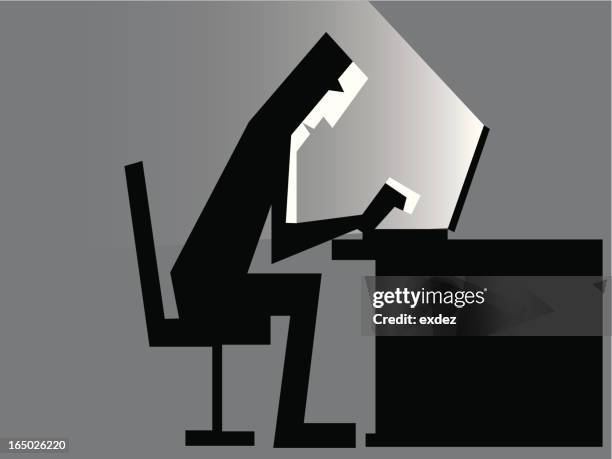 silhouette man with laptop - computer office night stock illustrations