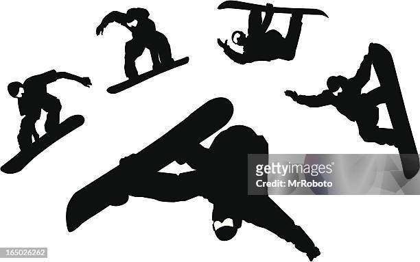 ilustraciones, imágenes clip art, dibujos animados e iconos de stock de siluetas de snowboard - snowboard