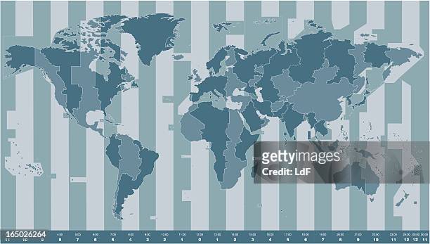 ilustraciones, imágenes clip art, dibujos animados e iconos de stock de zonas horarias mapa mundial - zona horaria