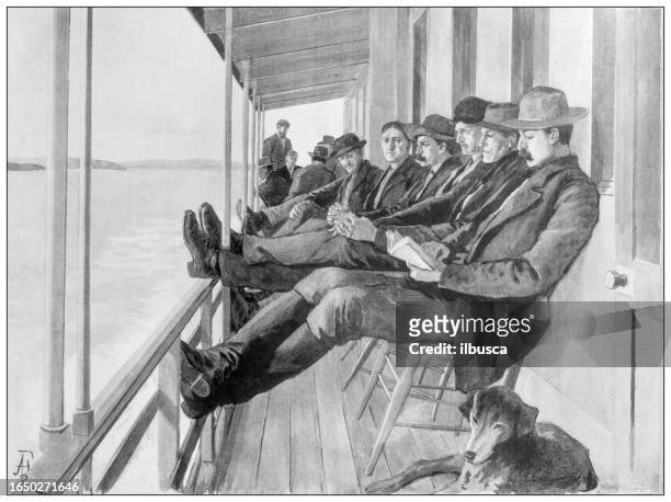 antikes bild aus britischem magazin: männer auf schiff - deck chair stock-grafiken, -clipart, -cartoons und -symbole