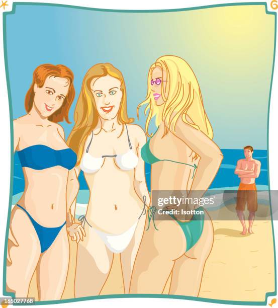 three young women on beach - shy man stock illustrations