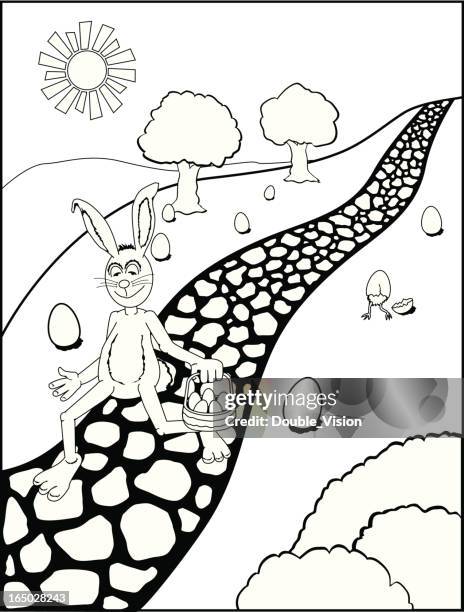 black-and-white illustration: easter bunny and eggs on stone path - stepping stone stock illustrations