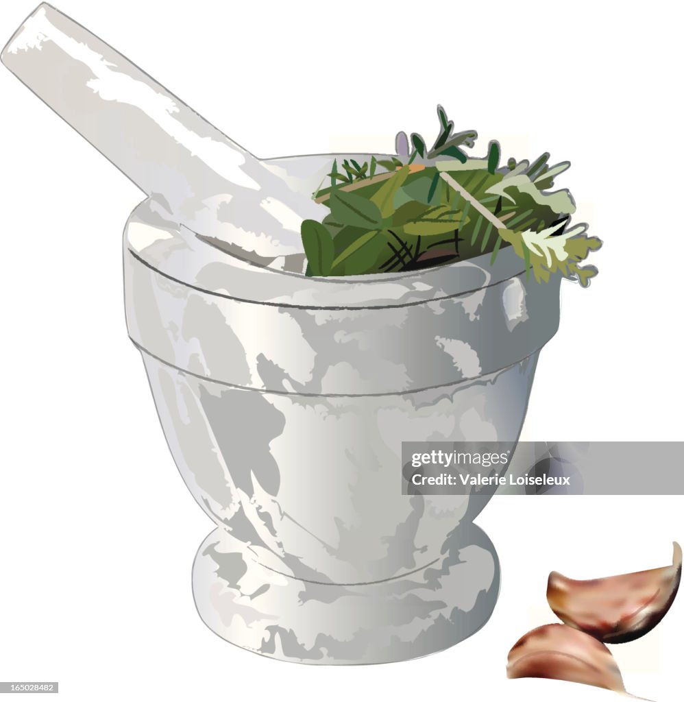 Mortar and Pestle with herbs, garlic