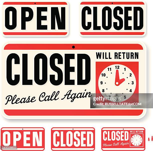store sign: open closed will return - clock face stock illustrations