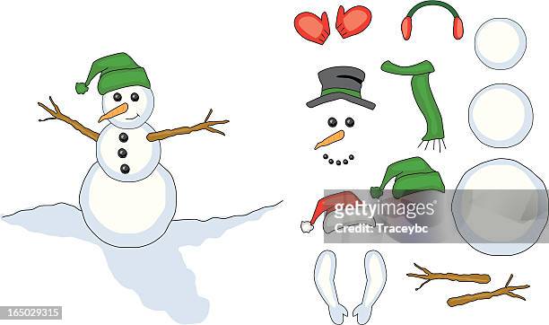 illustrazioni stock, clip art, cartoni animati e icone di tendenza di costruire un pupazzo di neve - earmuffs