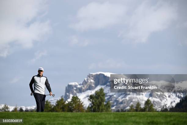 Adrian Meronk of Poland walks on the 12th hole during Day One of the Omega European Masters at Crans-sur-Sierre Golf Club on August 31, 2023 in...