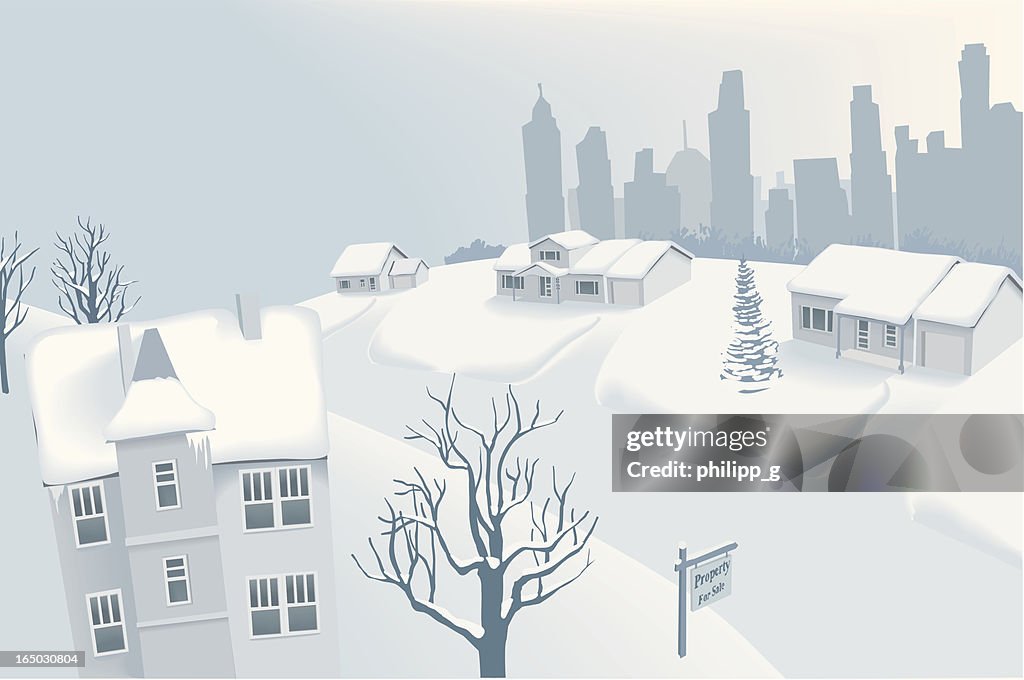 Snow in Suburban Neighbourhood with Silhouette of Downtown