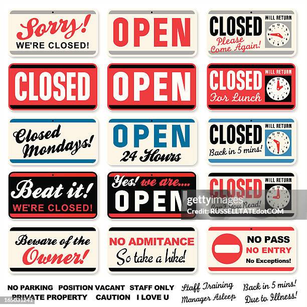 stockillustraties, clipart, cartoons en iconen met store signs: open closed + messages - store sign
