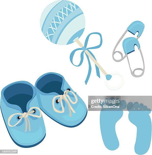 blue baby boy shoes rattle daddy pins and footprints - baby booties 幅插畫檔、美工圖案、卡通及圖標