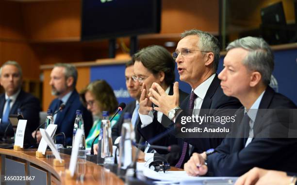 Secretary General Jens Stoltenberg speaks during the European Parliament Foreign Affairs Committee meeting on September 07, 2023 in Brussels, Belgium.