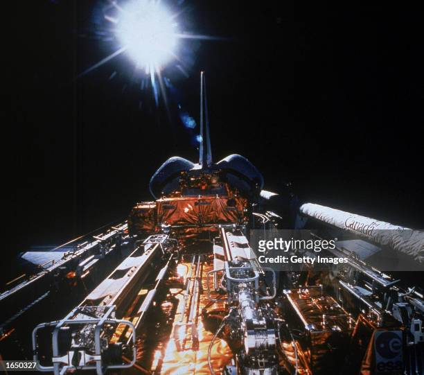 The Hubble Space Telescope is launched from the payload bay of the Space Shuttle Endeavor following servicing of the telescope, 1993.