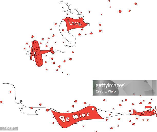 cartoon red aeroplane with banners love and be mine - red plane stock illustrations