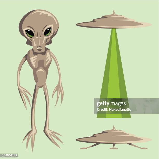 gray alien (zeta reticuli) and ufo (vector) - hyperspace stock illustrations