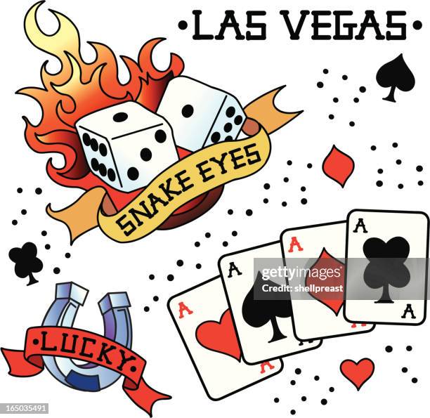 vintage tattoo - las vegas - playing card tattoo stock illustrations