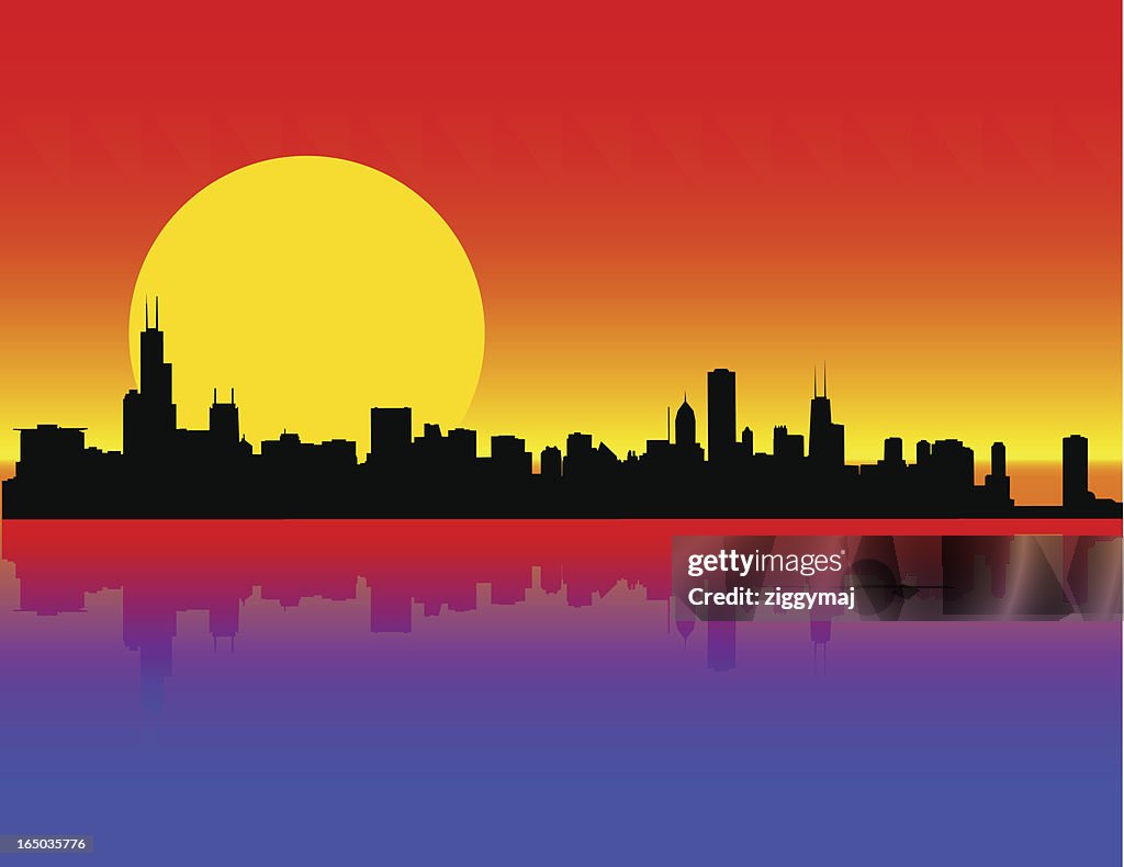 Sunset On Chicago Skyline