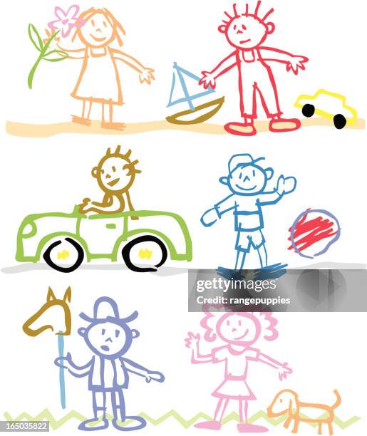 illustrations, cliparts, dessins animés et icônes de enfants de crayon pastel - garçon jouer voiture
