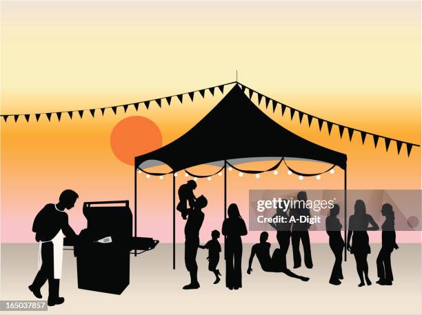 beach barbecue vector silhouette - crowded beach stock illustrations