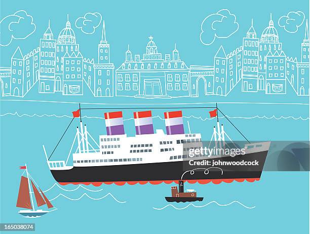 stockillustraties, clipart, cartoons en iconen met drawing of ocean liner in front of city skyline - sleepboot