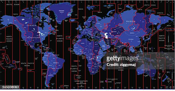 ilustraciones, imágenes clip art, dibujos animados e iconos de stock de mapa mundial de-husos horarios - zona horaria
