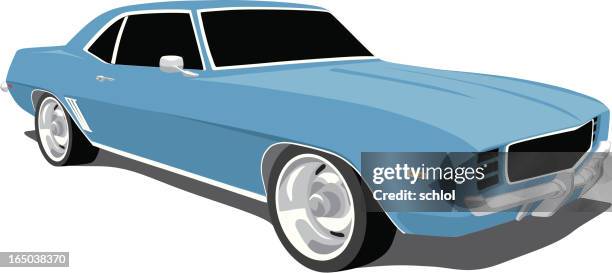 blue camaro 1969 - old car side view stock illustrations