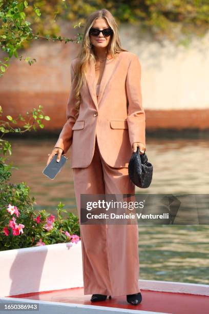 Guest arrives at the Hotel Excelsior pier for the 80th Venice International Film Festival 2023 on August 31, 2023 in Venice, Italy.