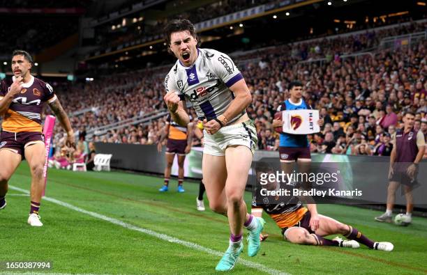 Grant Anderson of the Storm celebrates but the try is disallowed during the round 27 NRL match between the Brisbane Broncos and Melbourne Storm at...