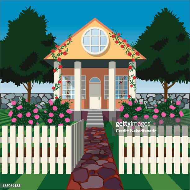 rose house - garden gate rose stock illustrations