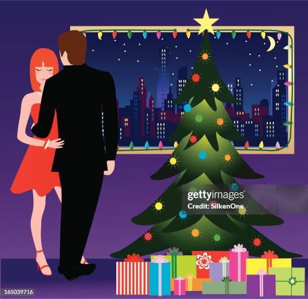 christmas romance - hugging tree stock illustrations