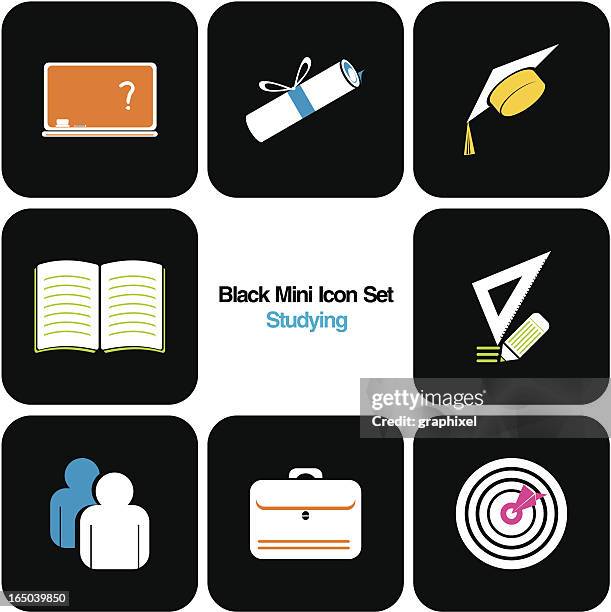 colorful mini icon set : education & study - throwing darts stock illustrations