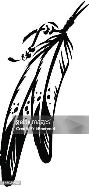 stockillustraties, clipart, cartoons en iconen met black and white vector outline of two feathers tied together - veer gefabriceerd object