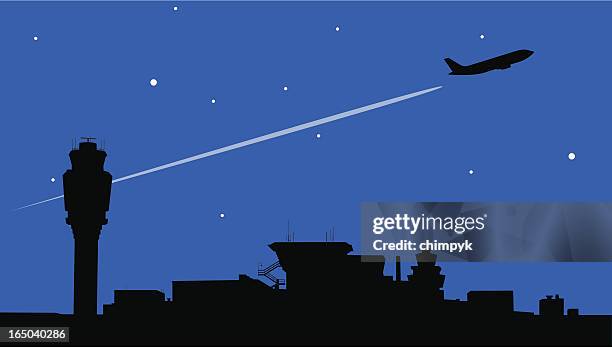 ilustrações, clipart, desenhos animados e ícones de o voo noturno - aeroporto