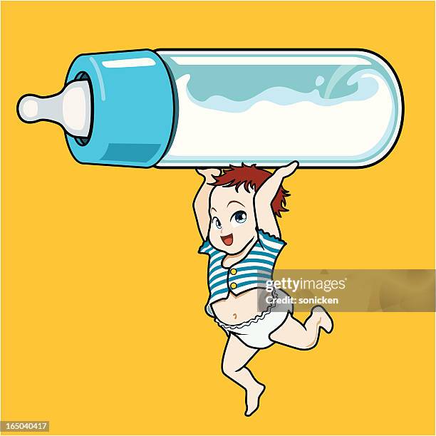 baby boy feed with milk - toddler jumping stock illustrations